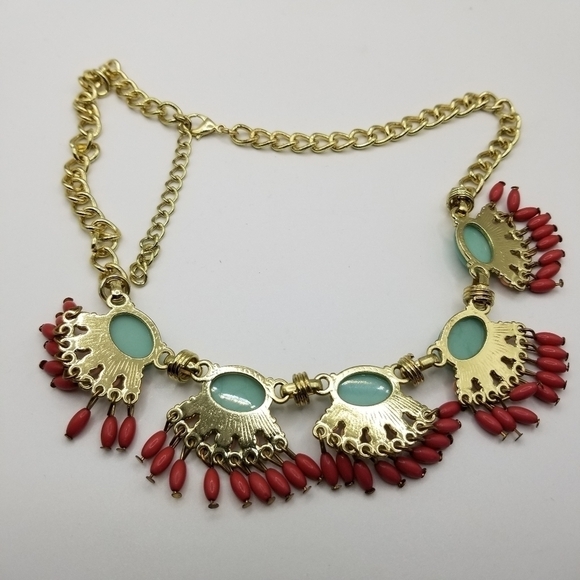 J Crew Beaded Statement Necklace Fan Colorful Multicolor Gold Tone Fringe Dangle - Picture 5 of 11